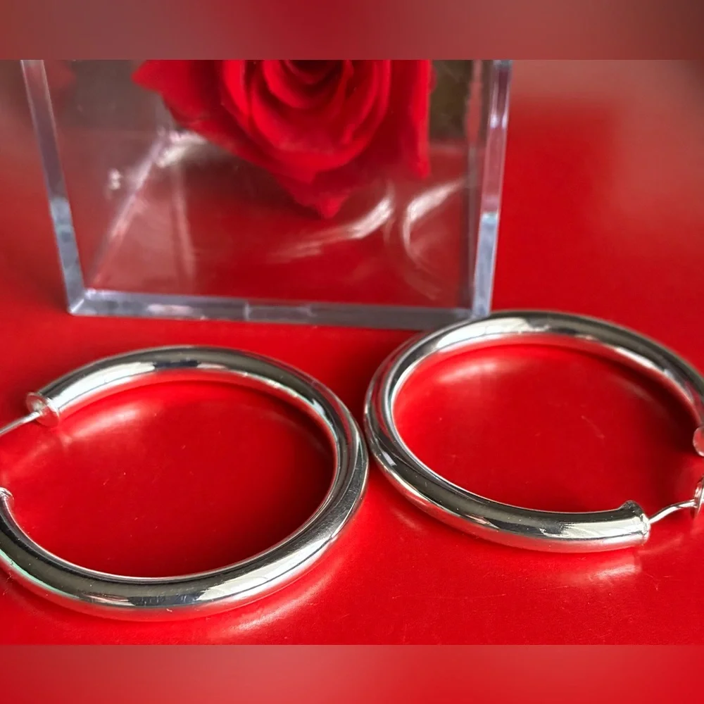 925 Silver Earrings,Classic Chunky Hoop Earrings in Silver